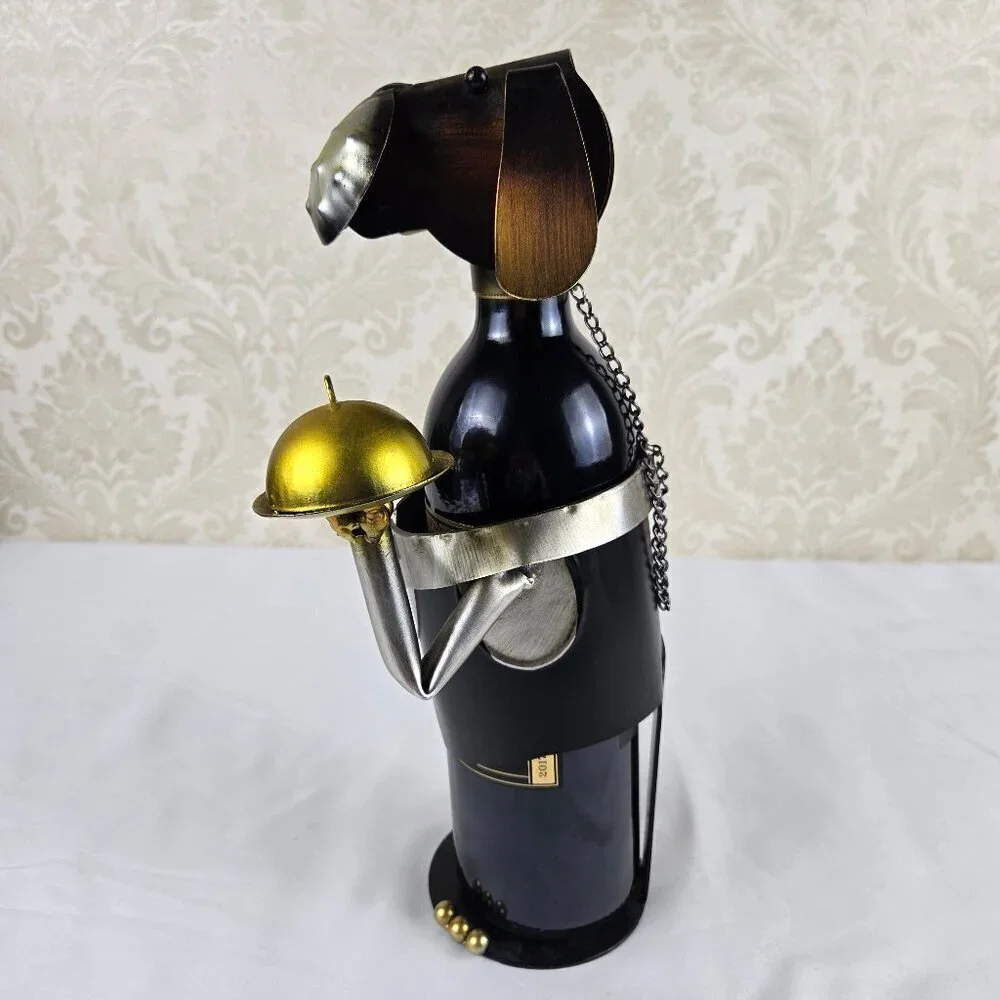 Metal Dog Wine Bottle Holder Steward Butler Free Standing Novelty Gift Whimsical